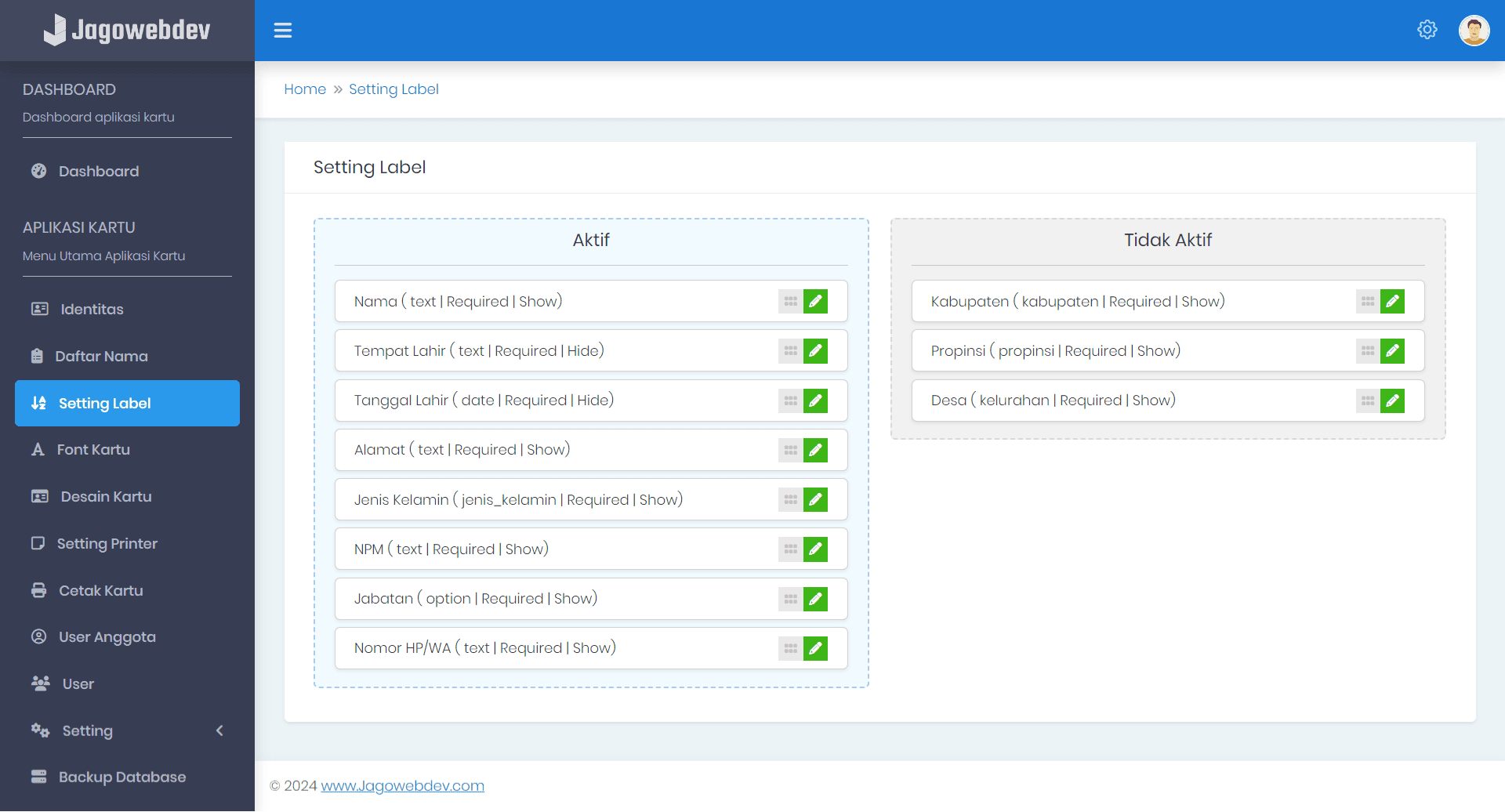 Setting isian data nama anggota